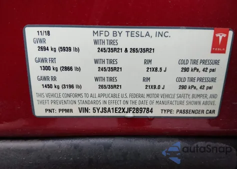 2018 Tesla Model S 100D/75D/P100D из США, поврежденный, VIN 5YJSA1E2XJF289784